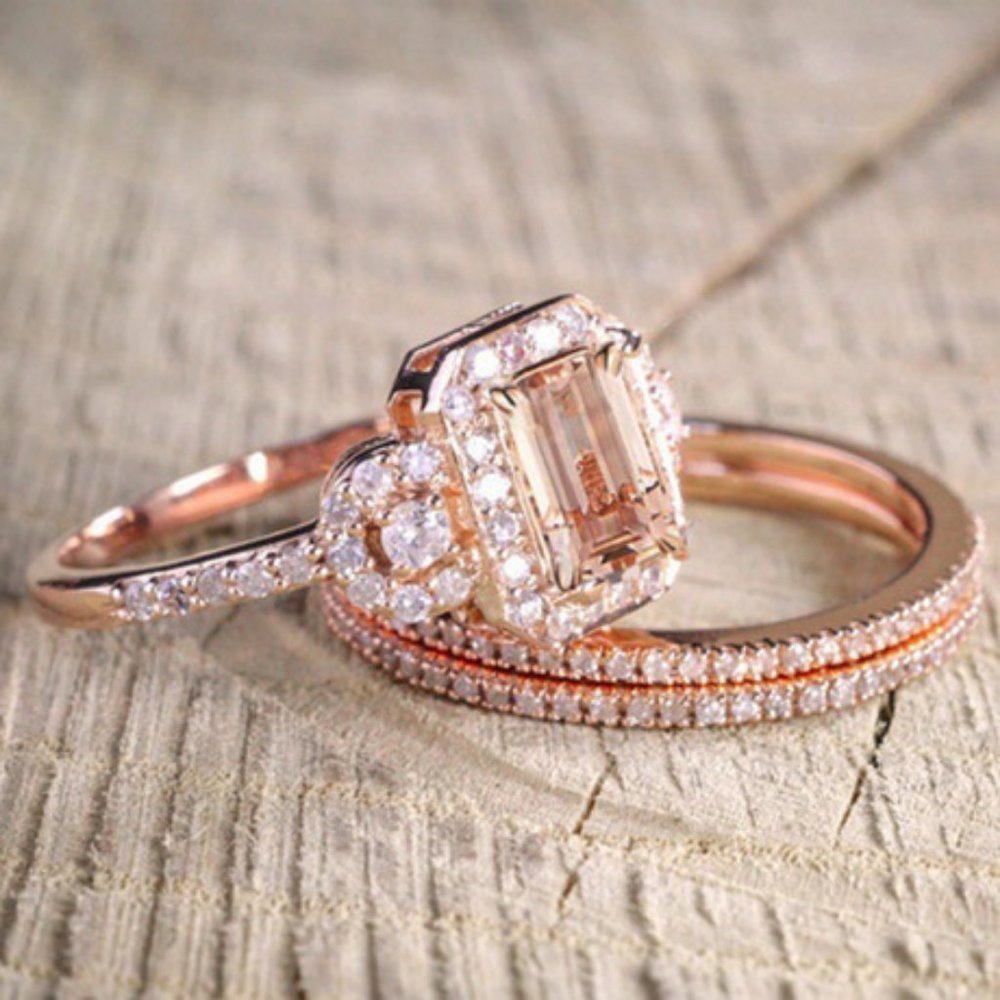 *NEW 18K Rose Gold Diamond Morganite 3PC Ring Set - Picture 2 of 4